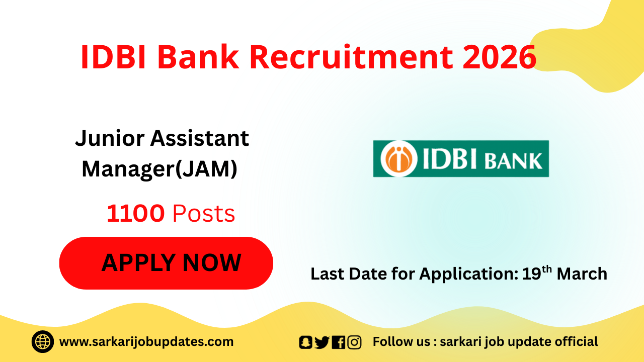 IDBI Bank Junior Assistant Manager (JAM) Recruitment 2026 - Apply Online for 1100 Posts