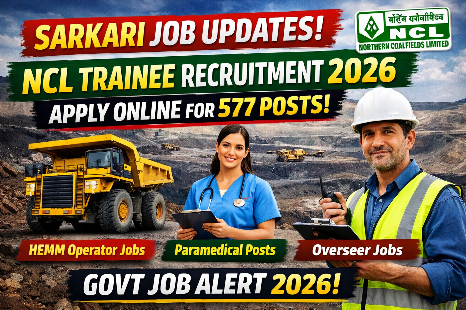 NCL Trainee Recruitment 2026: Apply Online for 577 HEMM Operator, Paramedical & Overseer Posts
