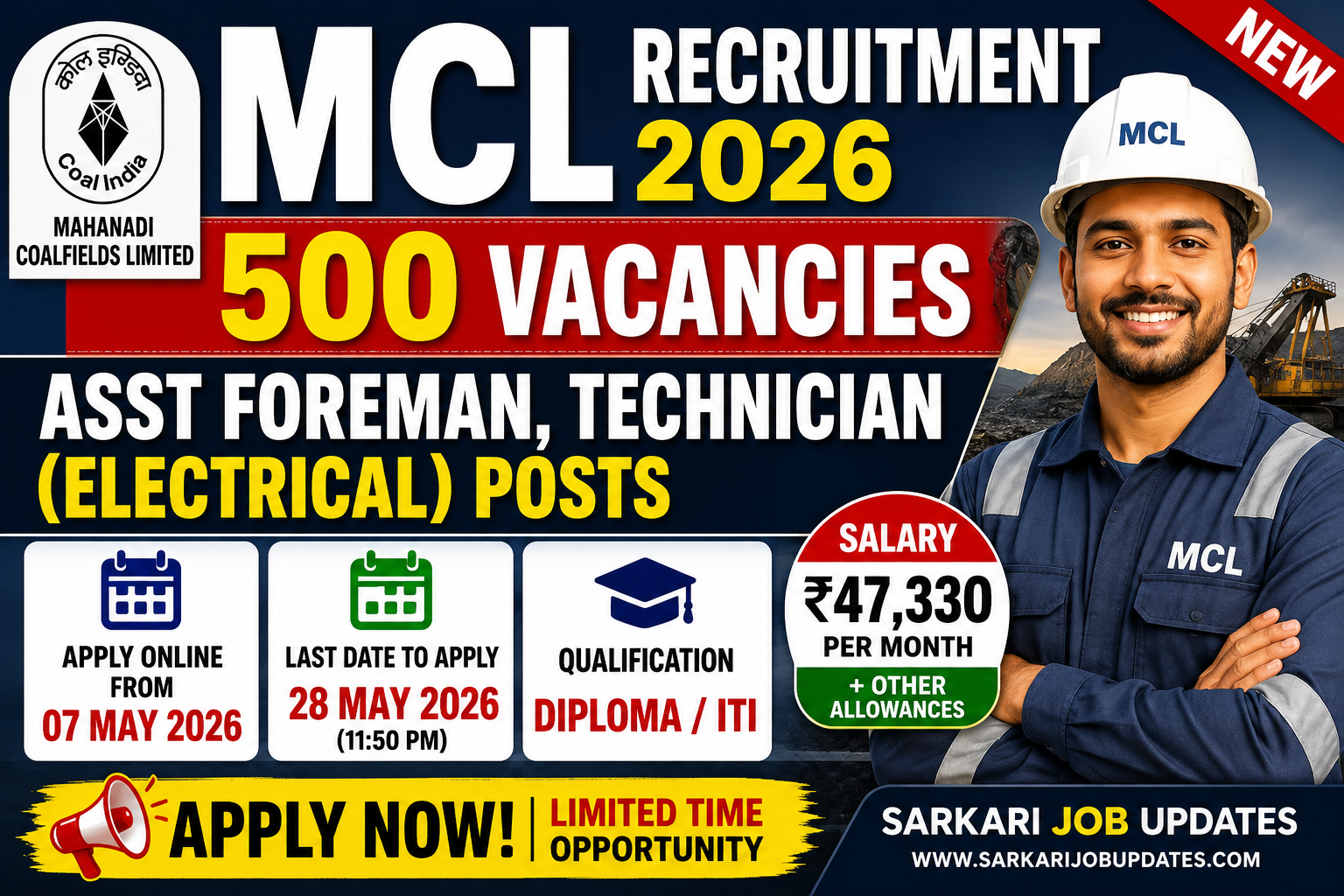 Mahanadi Coalfields (MCL) Recruitment 2026 Notification Out – Apply Online for 500 Asst Foreman, Technician Posts