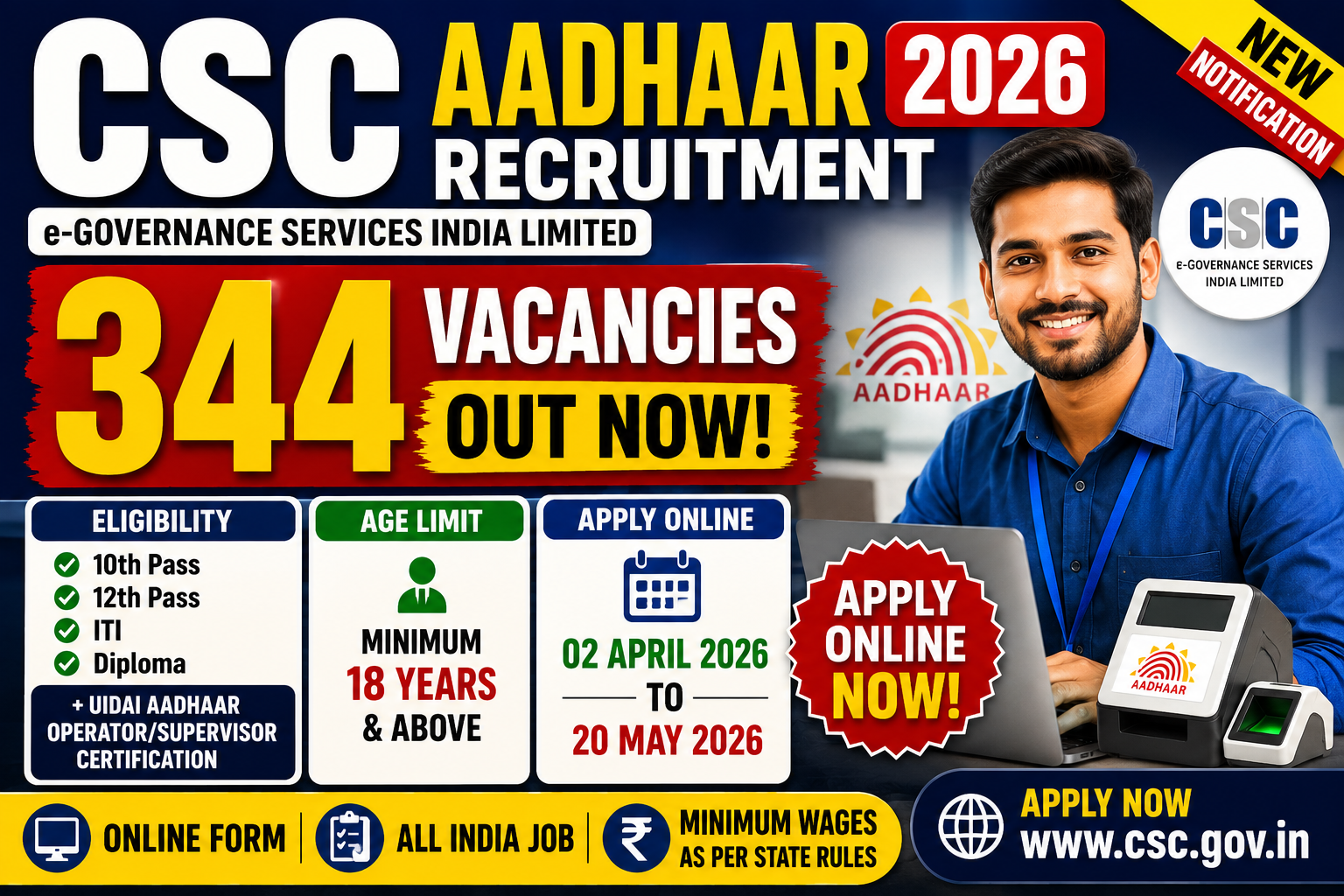 Aadhaar Supervisor/Operator Recruitment 2026 – Apply Online for 344 Posts