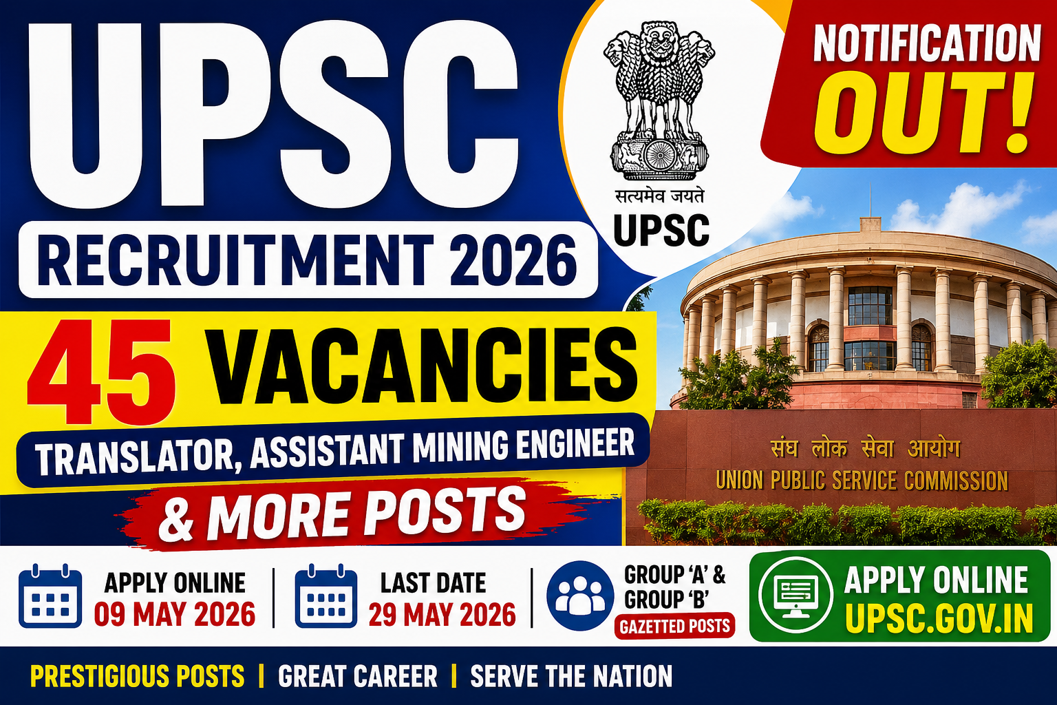 UPSC Recruitment 2026 Notification Out – Apply Online for 45 Translator, Assistant Mining Engineer & Other Posts