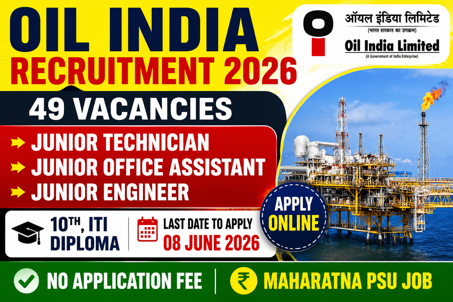 Oil India Recruitment 2026 Notification Out – Apply Online for 49 Junior Technician, Junior Office Assistant & Junior Engineer Posts