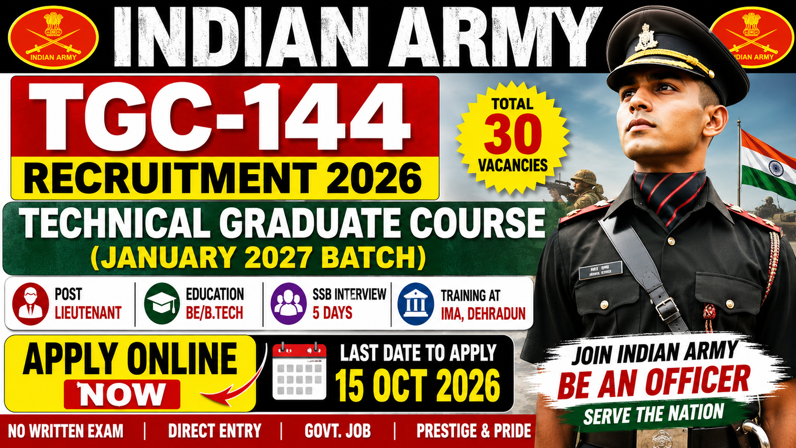 🇮🇳 Indian Army TGC-144 Recruitment 2026 Notification Out – Apply Online for Technical Graduate Course (January 2027) | Sarkari Job Updates