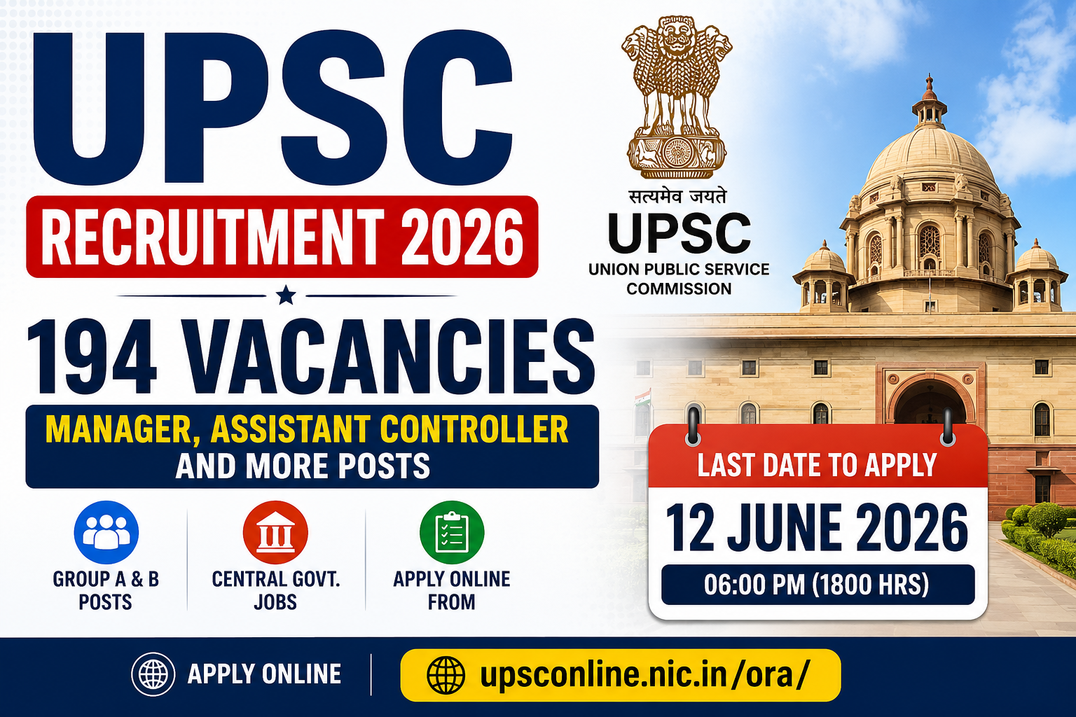 UPSC Recruitment 2026 Notification Out – Apply Online for 194 Manager, Assistant Controller & Other Posts