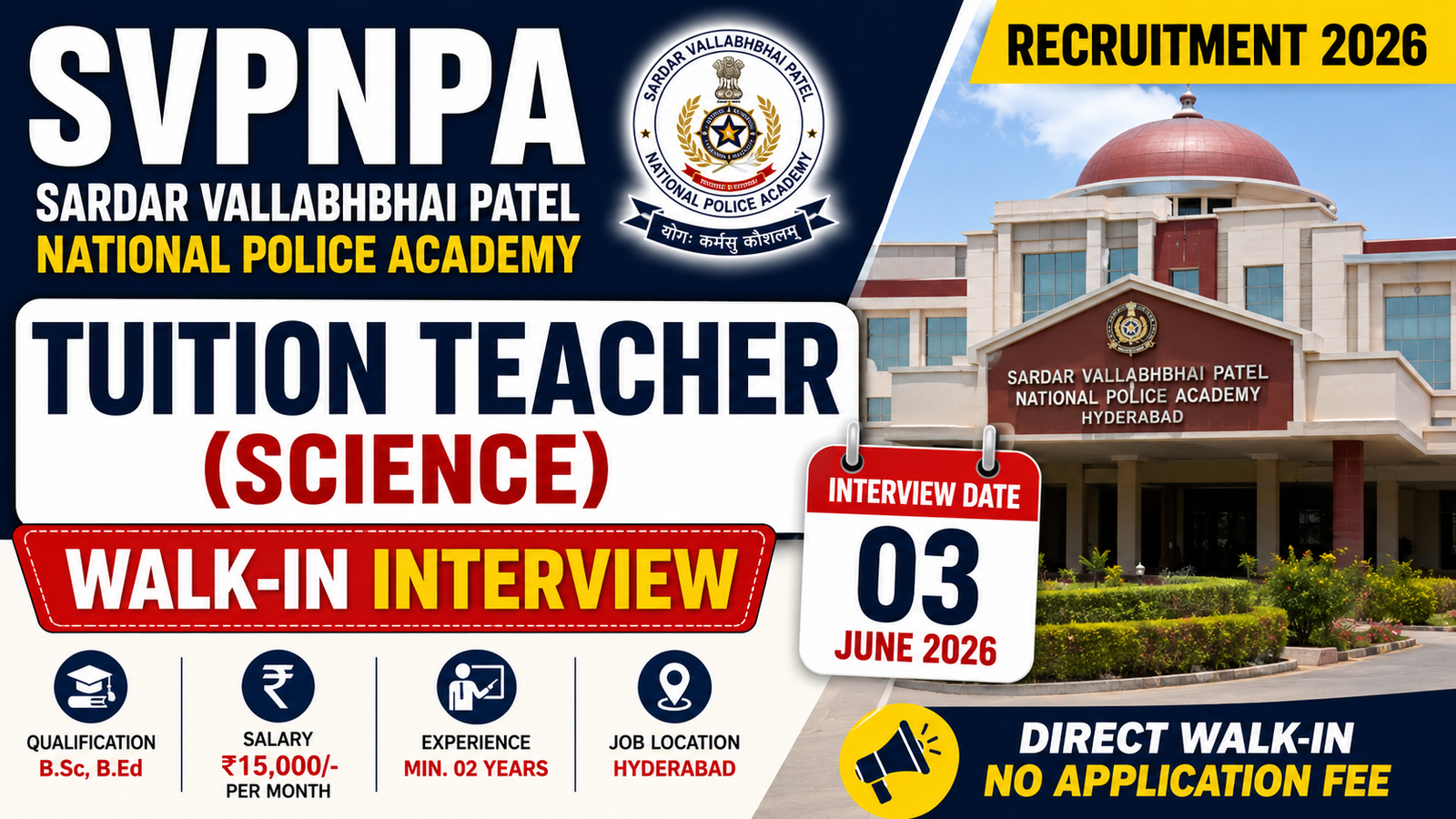 SVPNPA Tuition Teacher Recruitment 2026 Notification Out | Walk-in Interview on 03 June for Science Teacher Post
