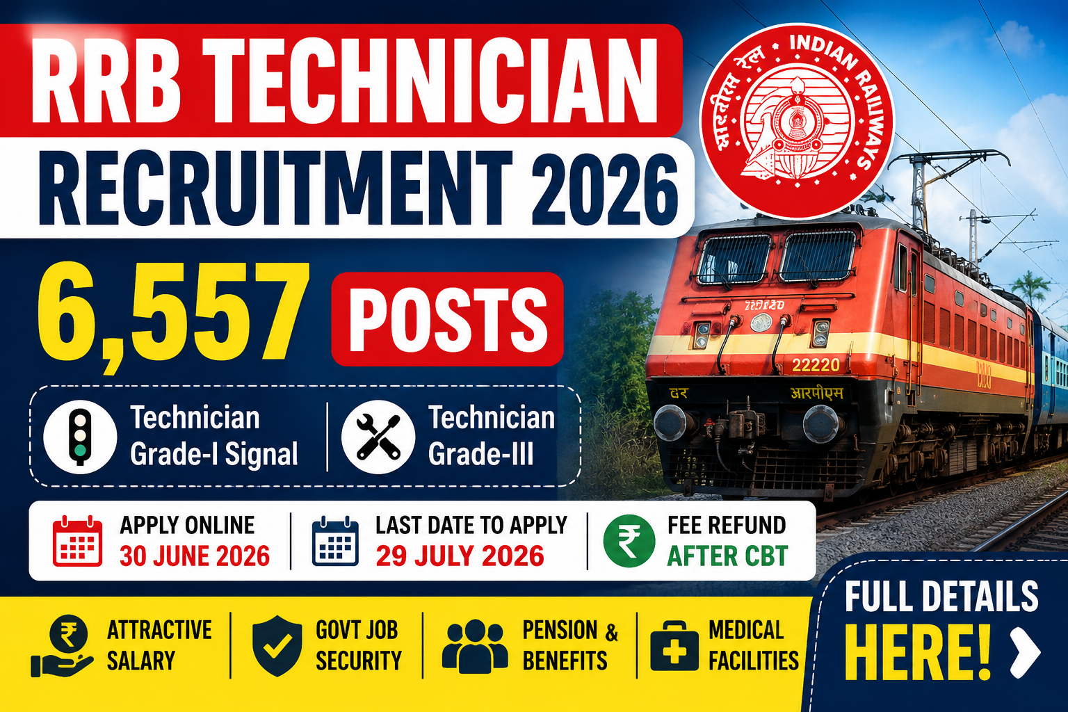RRB Technician Recruitment 2026 Notification Out for 6,557 Posts | Apply Online @ RRB | Last Date 29 July 2026