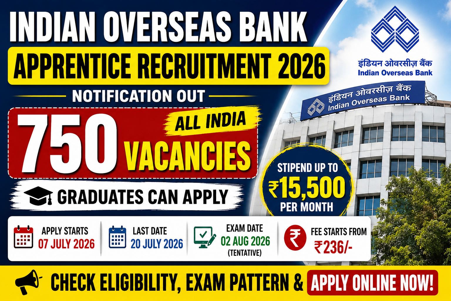 Indian Overseas Bank Apprentice Recruitment 2026 Apply Online for 750 Vacancies | Last Date 20 July