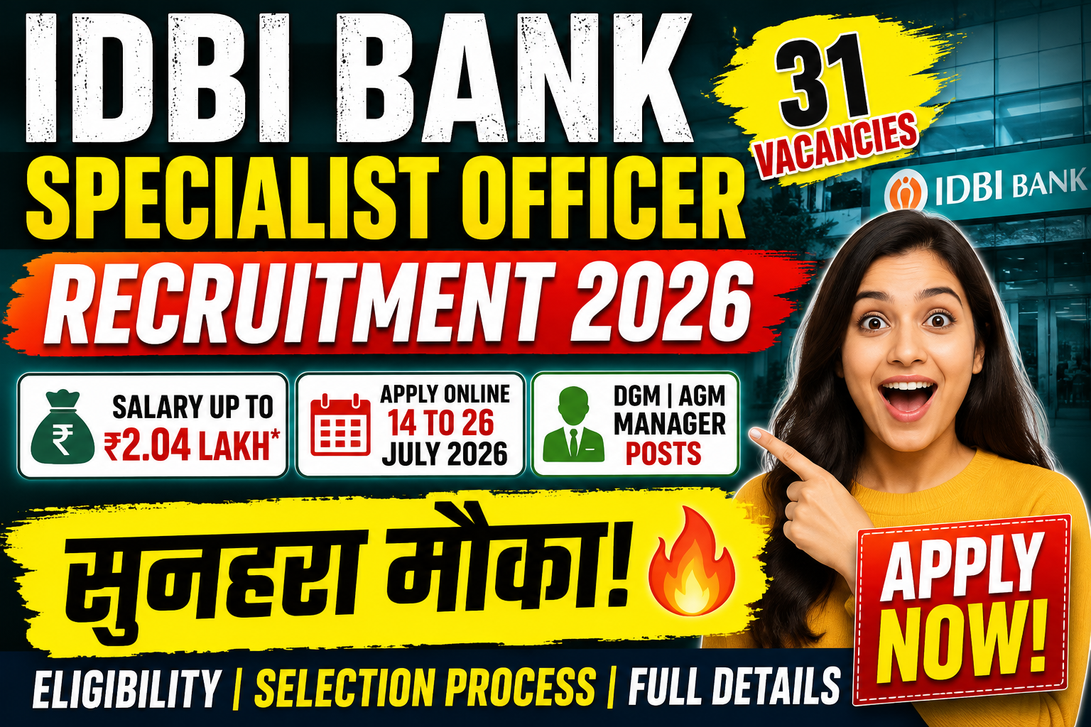 IDBI Bank Specialist Officer Recruitment 2026-27: Apply Online for 31 DGM, AGM & Manager Posts | Salary Up to ₹2.04 Lakh