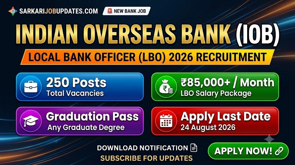 IOB Local Bank Officer Recruitment 2026: Apply Online for 250 LBO Posts  🚀 Connect with Sarkari Job Updates Stay updated with the latest government job notifications, bank exams, admit cards, and results directly on your favorite platforms! 🌐 Official W